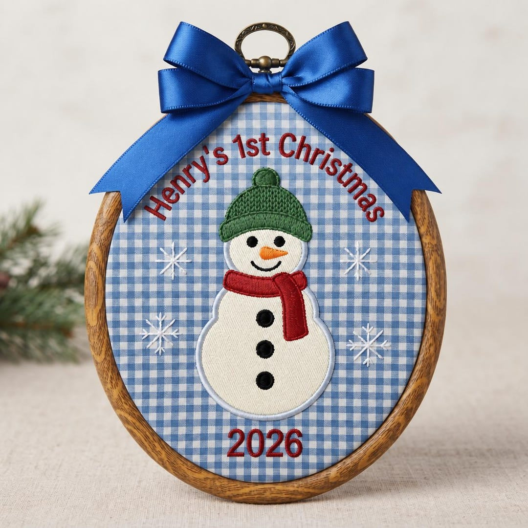 Personalized Snowman 1st Christmas Baby Name Year Embroidered Ornament — Christmas ornament