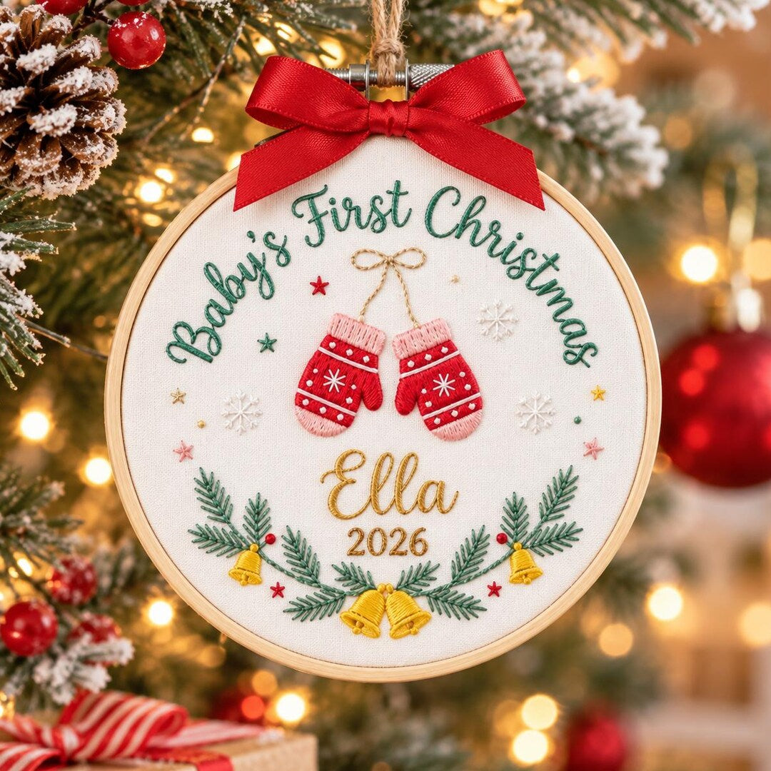 Personalized Baby's First Christmas Mittens Bells Pine Wreath Name Year Embroidered Ornament — Christmas ornament