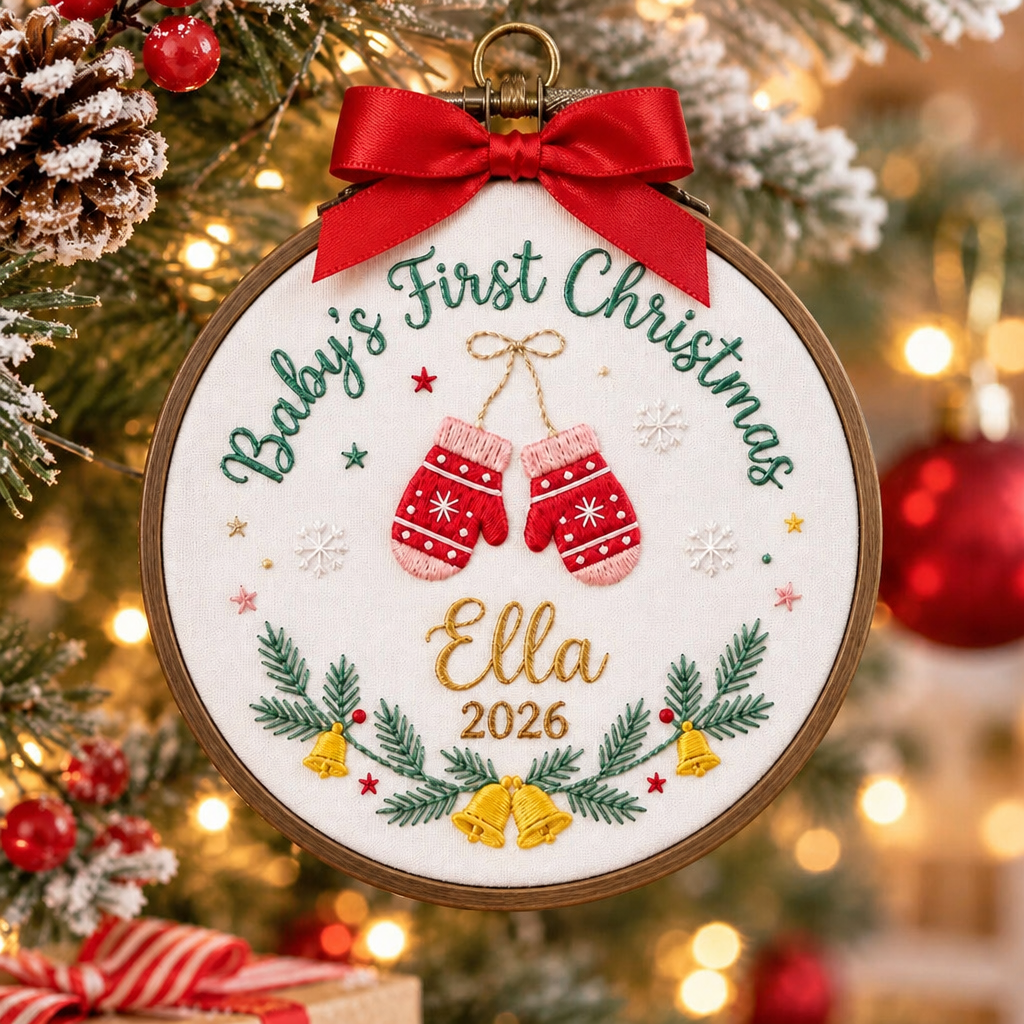 Personalized Baby's First Christmas Mittens Bells Pine Wreath Name Year Embroidered Ornament