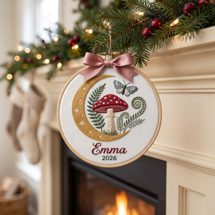 Personalized Mushroom Moon Fern Butterfly Christmas Embroidered Ornament