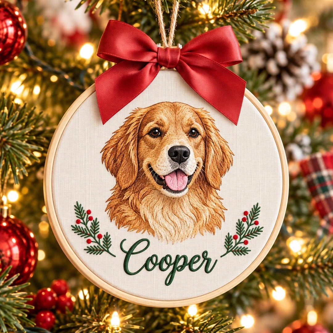Personalized Custom Pet Portrait Golden Retriever Christmas Holly Berries Embroidered Ornament — Christmas ornament