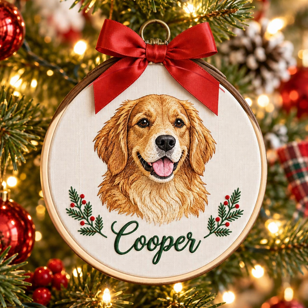 Personalized Custom Pet Portrait Golden Retriever Christmas Holly Berries Embroidered Ornament