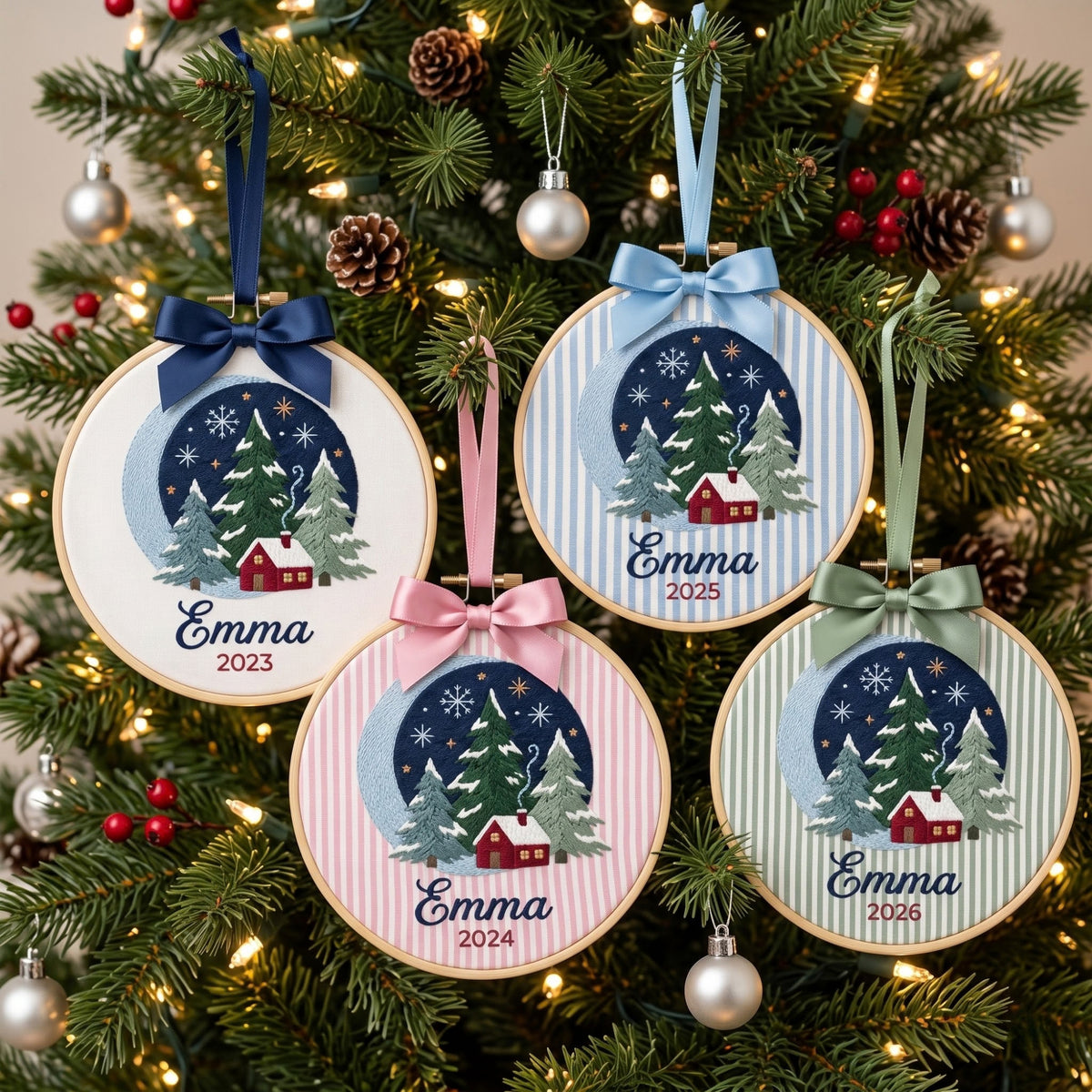 Personalized Christmas Winter Cabin Snow Globe Trees Embroidered Ornament — Christmas ornament