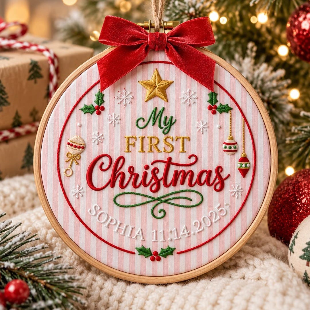 Personalized Baby My First Christmas Holly Star Ornaments Hoop Embroidered Ornament — Christmas ornament