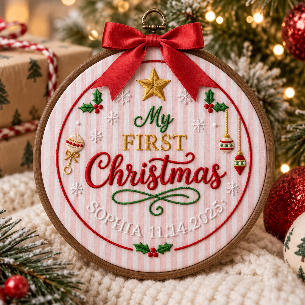Personalized Baby My First Christmas Holly Star Ornaments Hoop Embroidered Ornament