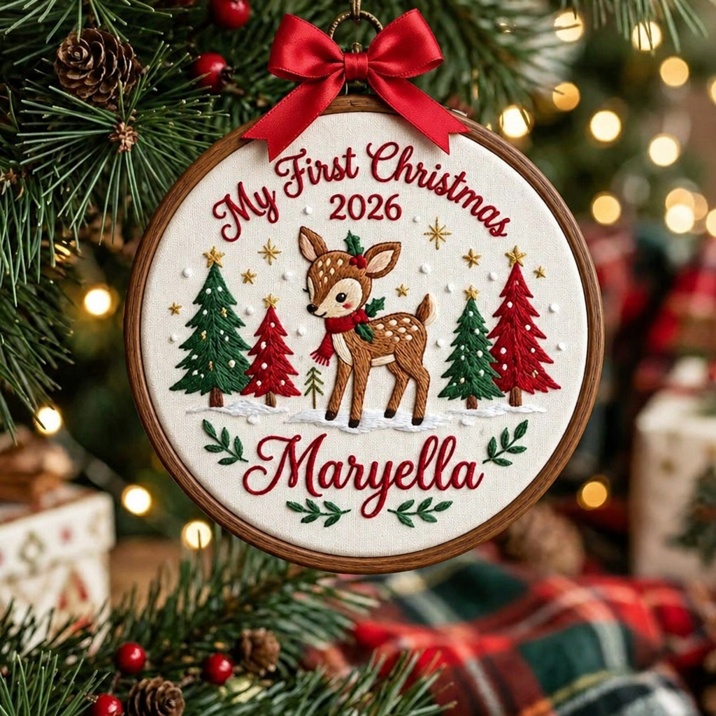Personalized Baby My First Christmas Reindeer Fawn Pine Trees Snow Hoop Embroidered Ornament