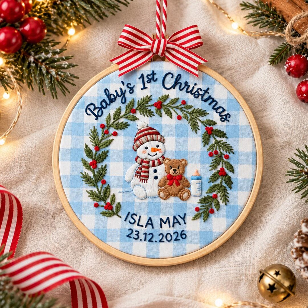 Personalized Baby's 1st Christmas Snowman Teddy Bear Holly Wreath Name Date Embroidered Ornament — Christmas ornament