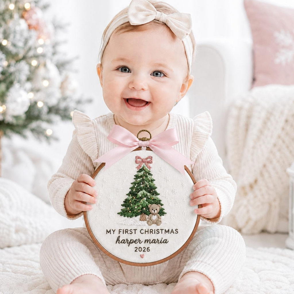 Personalized Baby's First Christmas Teddy Bear Christmas Tree Pink Bow Hoop Embroidered Ornament