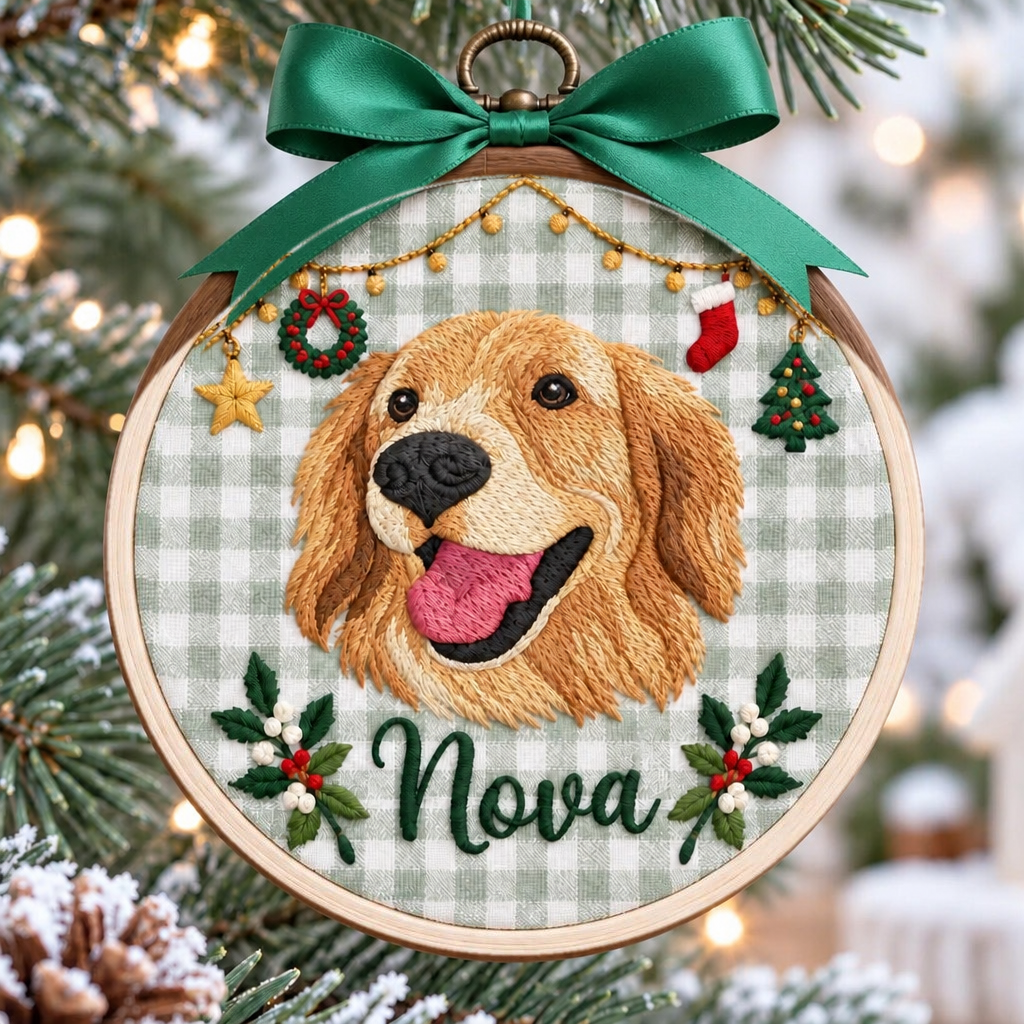 Personalized Golden Retriever Dog Portrait Christmas Gingham Holly Berries Name Embroidered Ornament