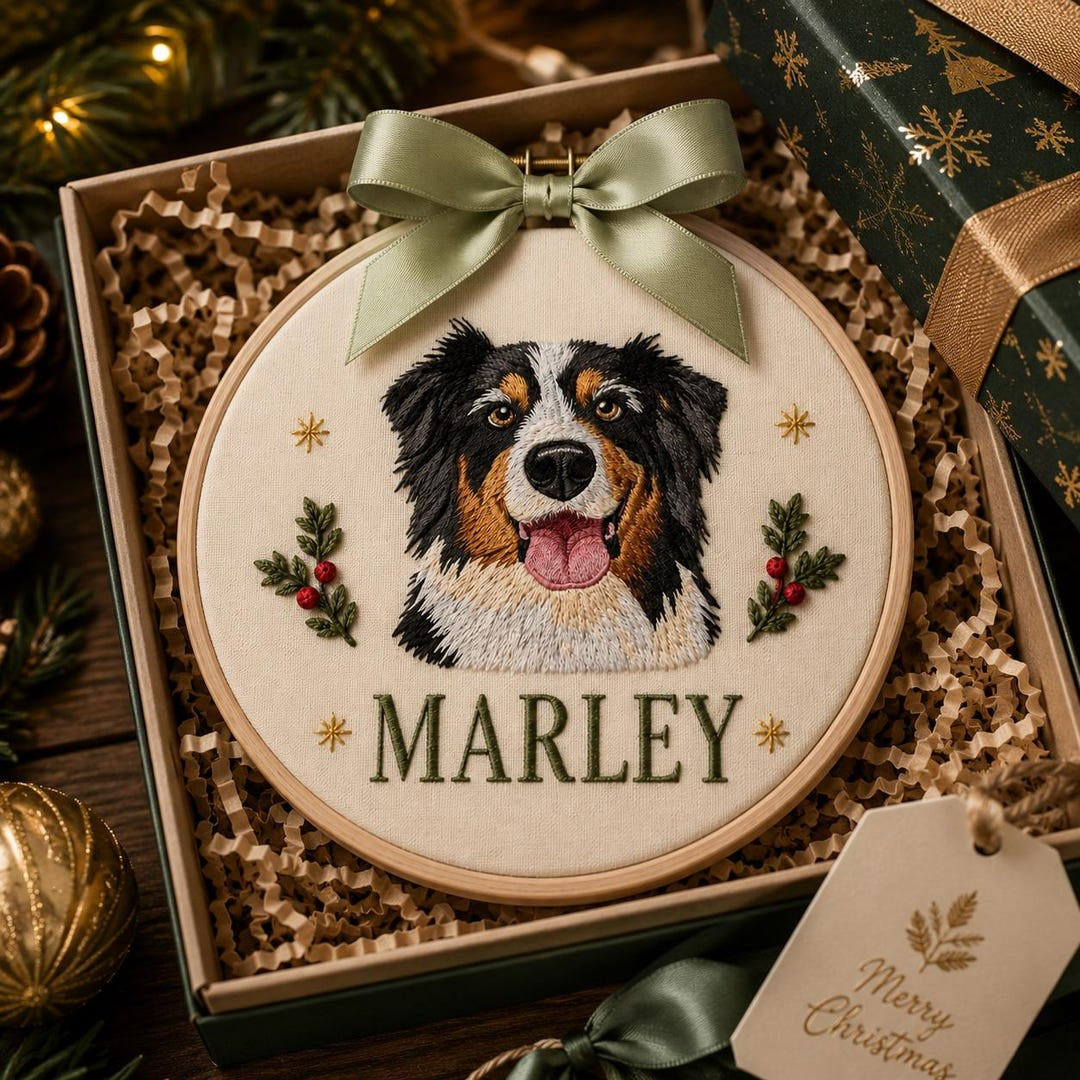 Personalized Custom Dog Portrait Christmas Hoop Ornament Embroidered Ornament — Christmas ornament