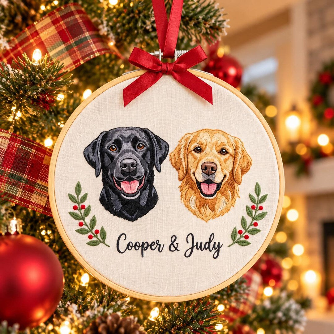Personalized Two Dogs Portrait Holly Christmas Embroidered Ornament — Christmas ornament