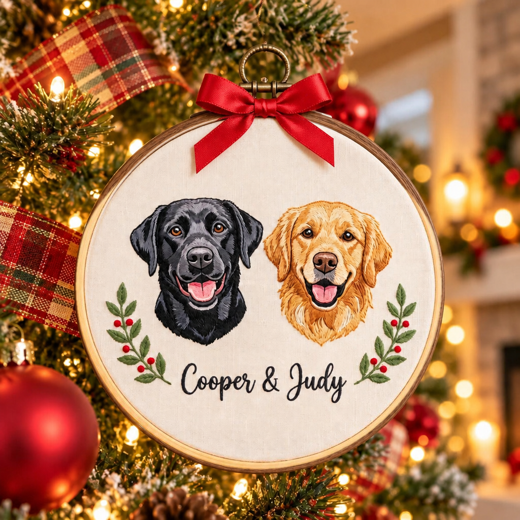 Personalized Two Dogs Portrait Holly Christmas Embroidered Ornament