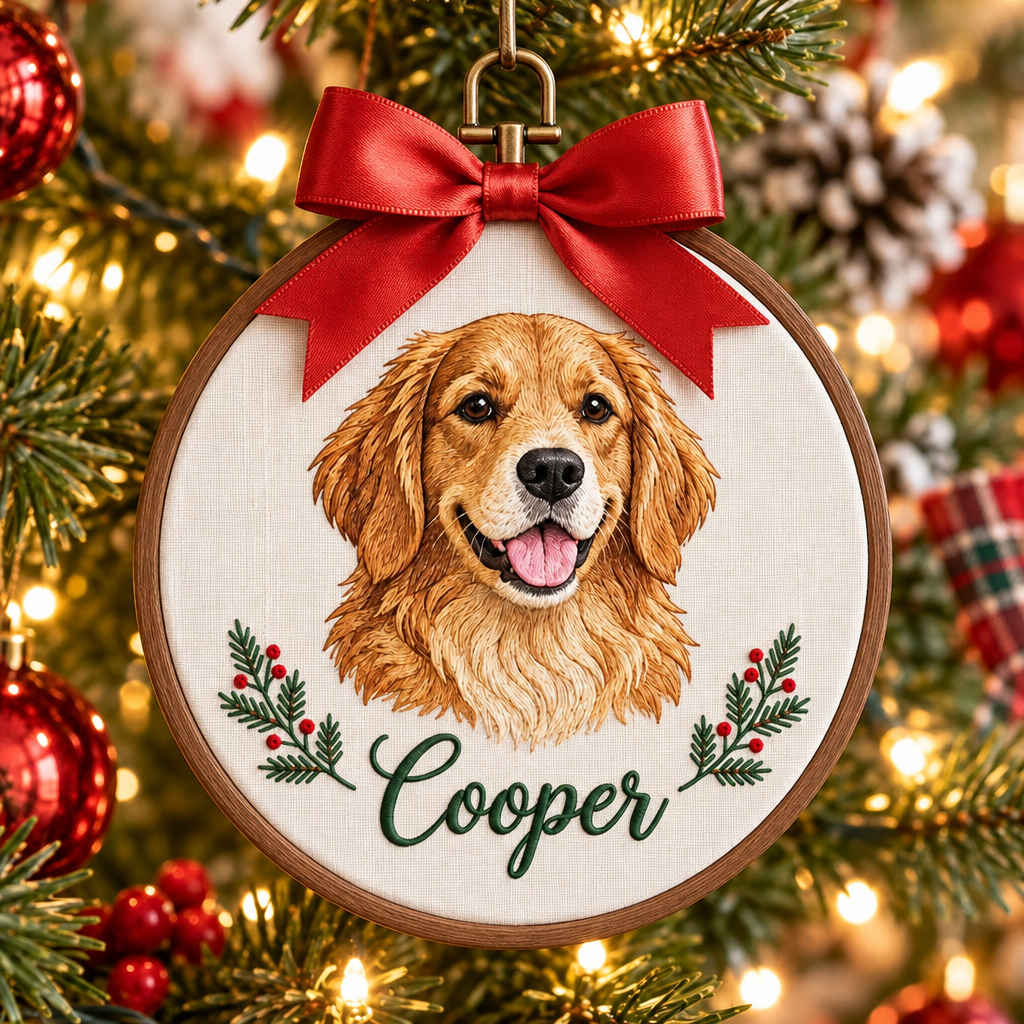 Personalized Golden Retriever Portrait Holly Berries Christmas Hoop Embroidered Ornament