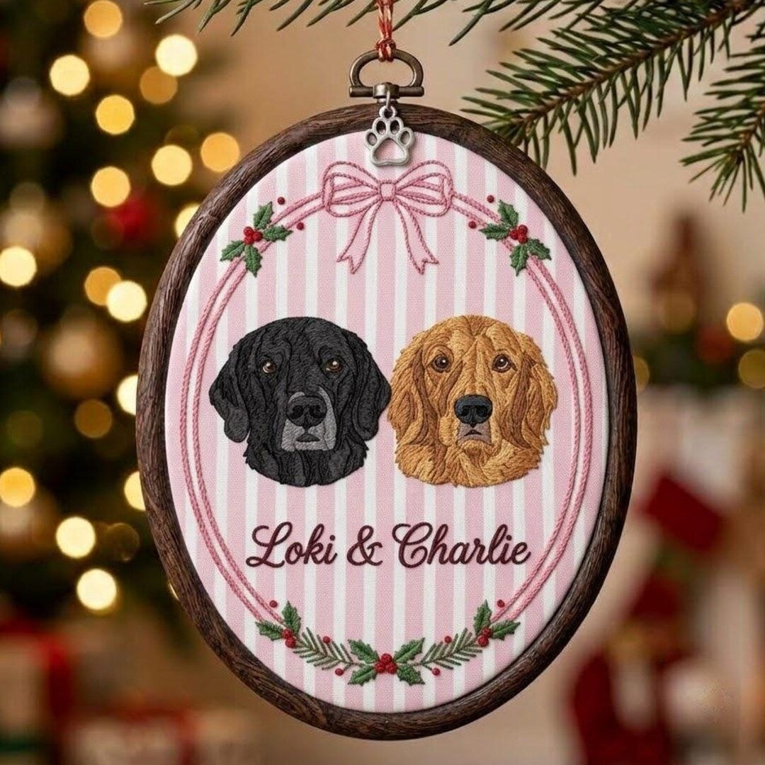 Personalized Two Dog Portrait Pink Coquette Bow Holly Christmas Embroidered Ornament — Christmas ornament