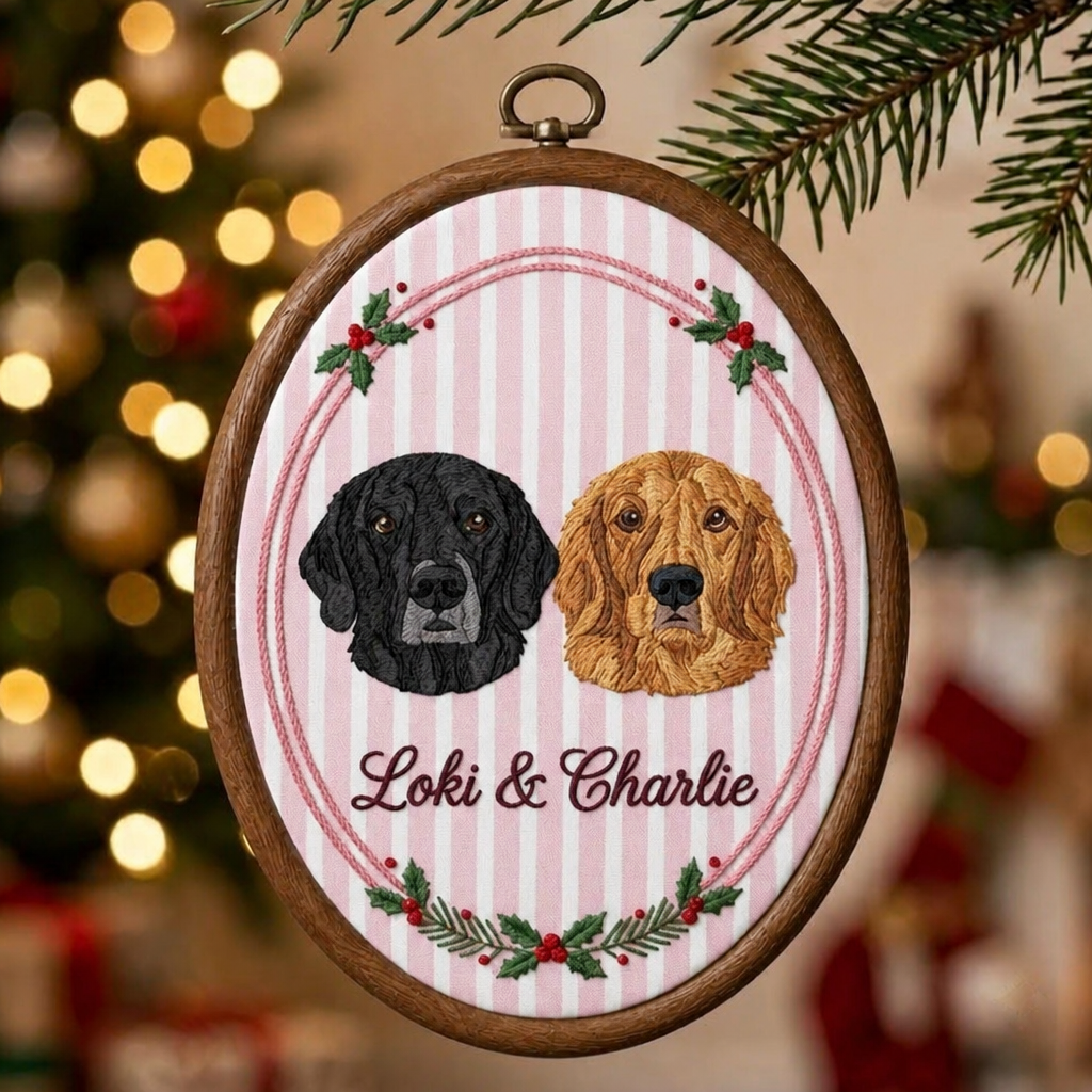 Personalized Two Dog Portrait Pink Coquette Bow Holly Christmas Embroidered Ornament