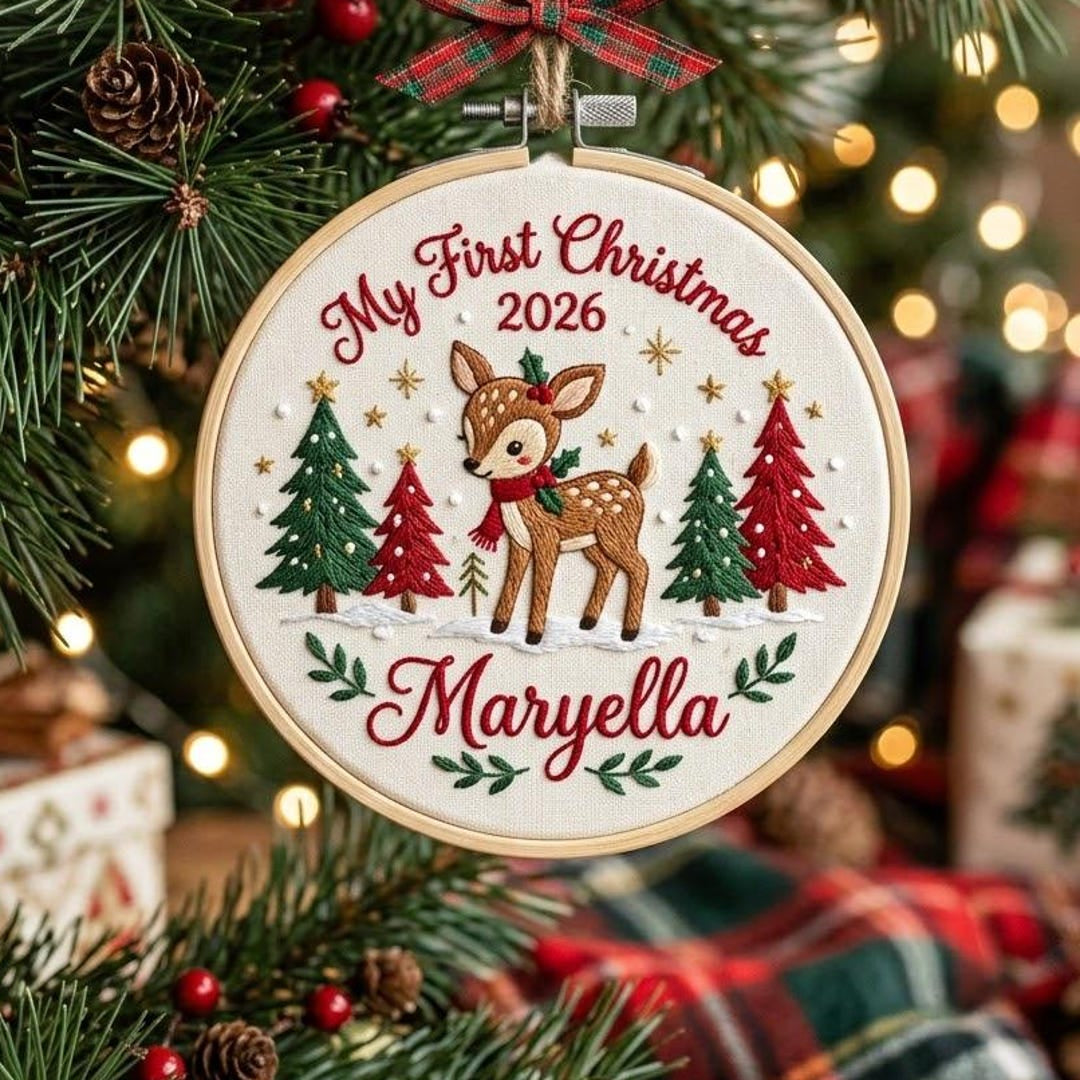 Personalized Baby My First Christmas 2026 Reindeer Fawn Pine Trees Snow Hoop Embroidered Ornament — Christmas ornament