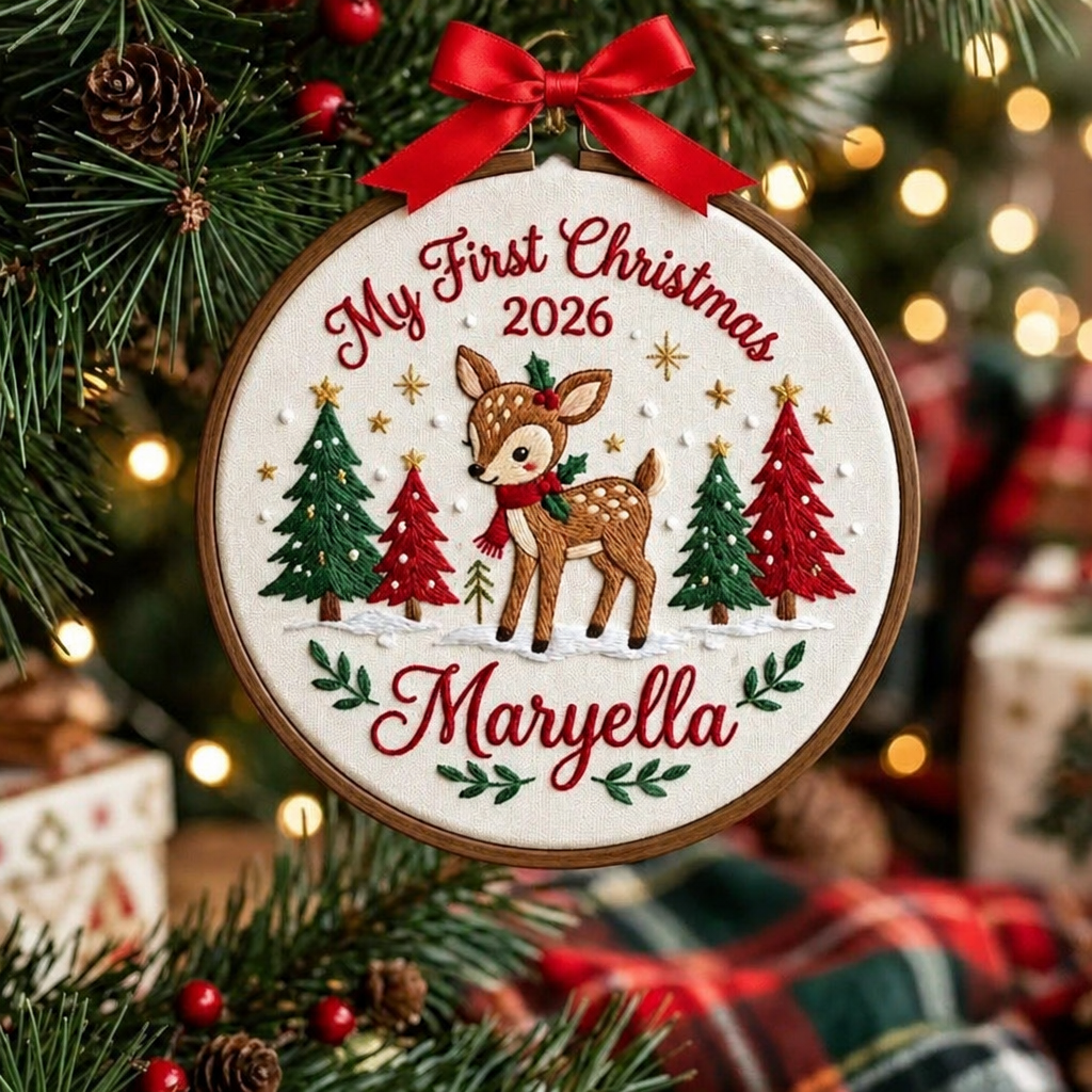 Personalized Baby My First Christmas 2026 Reindeer Fawn Pine Trees Snow Hoop Embroidered Ornament