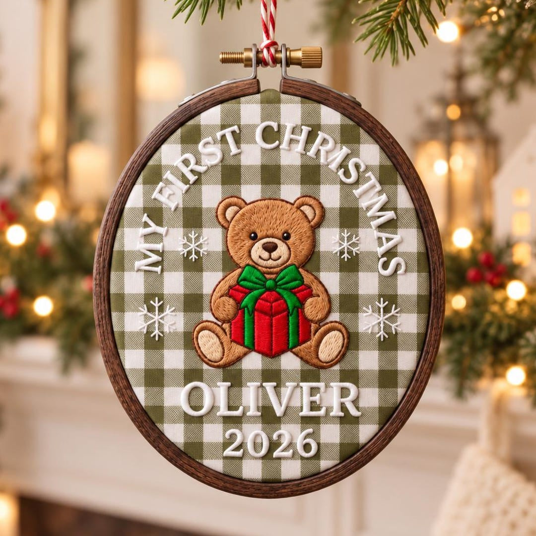 Personalized My First Christmas Teddy Bear Gift Green Buffalo Plaid Name Year Embroidered Ornament — Christmas ornament