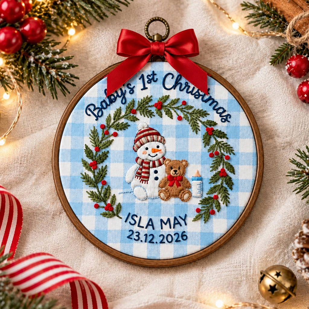 Personalized Baby's 1st Christmas Snowman Teddy Bear Holly Wreath Hoop Embroidered Ornament