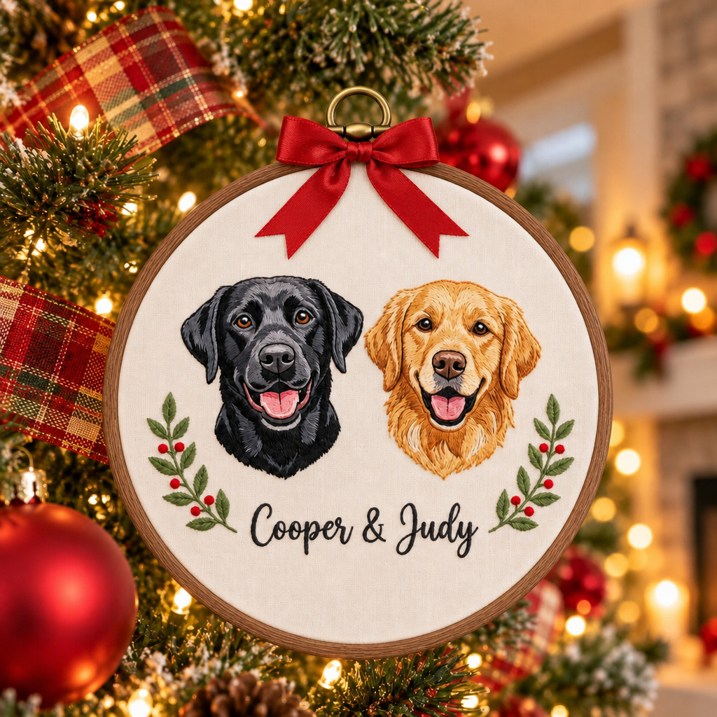 Personalized Two Dogs Christmas Holly Portrait Names Embroidered Ornament