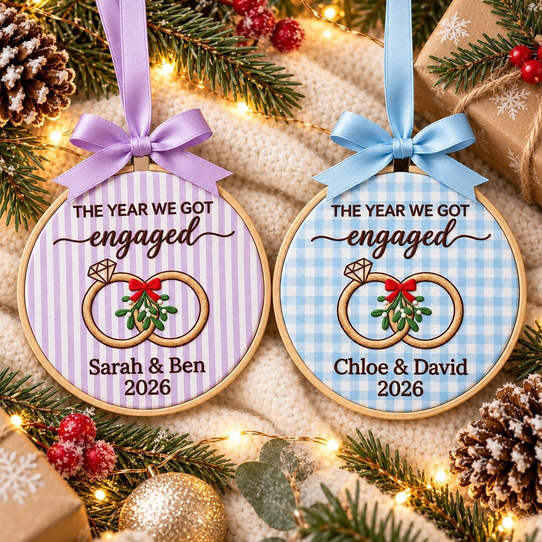Personalized The Year We Got Engaged Rings Mistletoe Christmas Embroidered Ornament — Christmas ornament