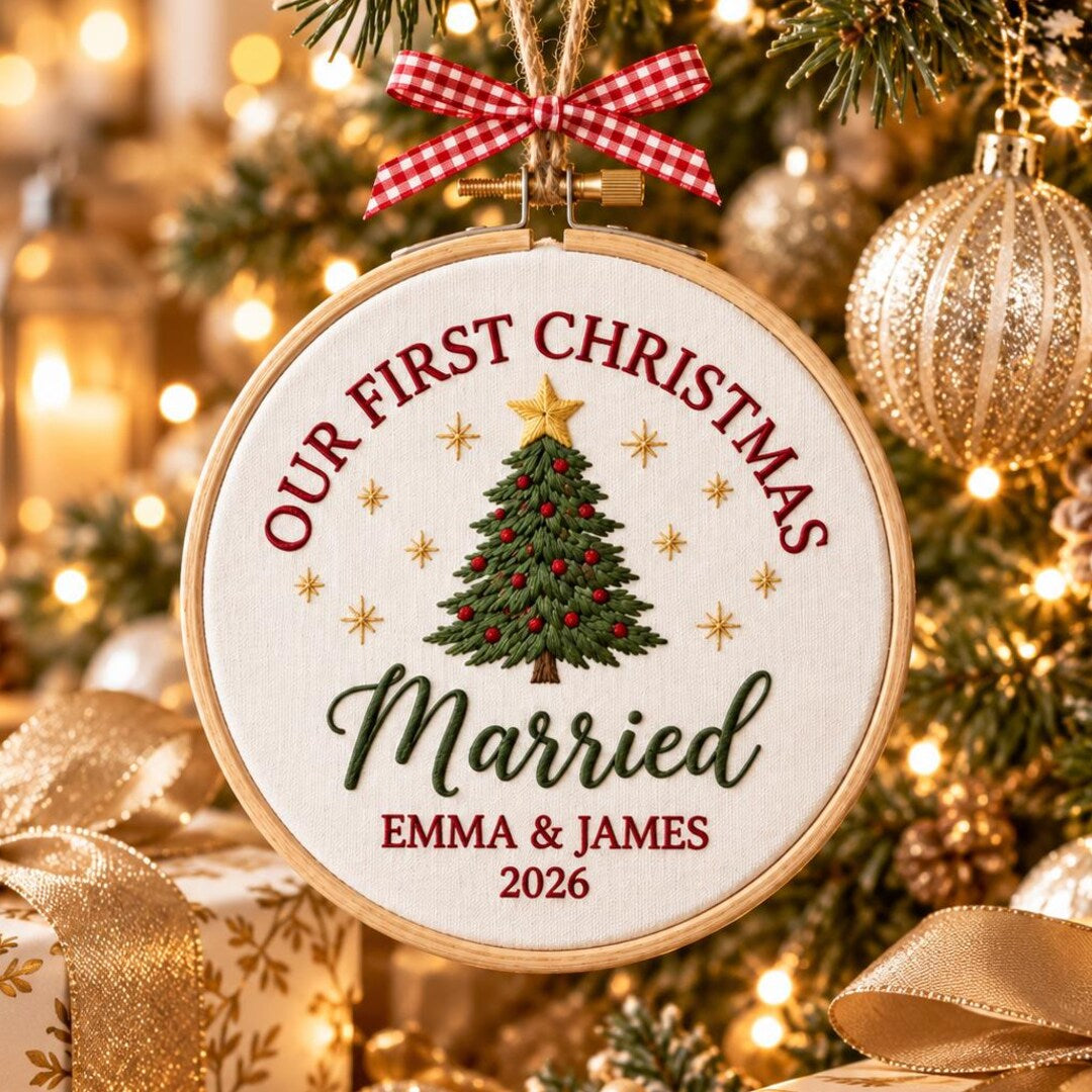Personalized Our First Christmas Married Couple Names Year Embroidered Ornament — Christmas ornament