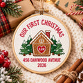 Personalized Our First Christmas Gingerbread House Couple Initials Address Embroidered Ornament — Christmas ornament