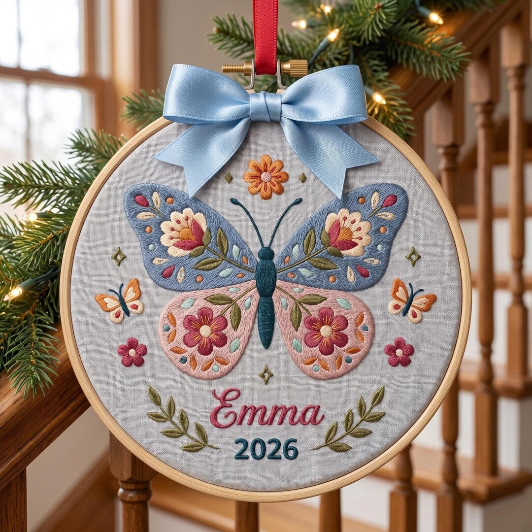 Personalized Butterfly Floral Folk Art Custom Name Year Embroidered Ornament — Christmas ornament