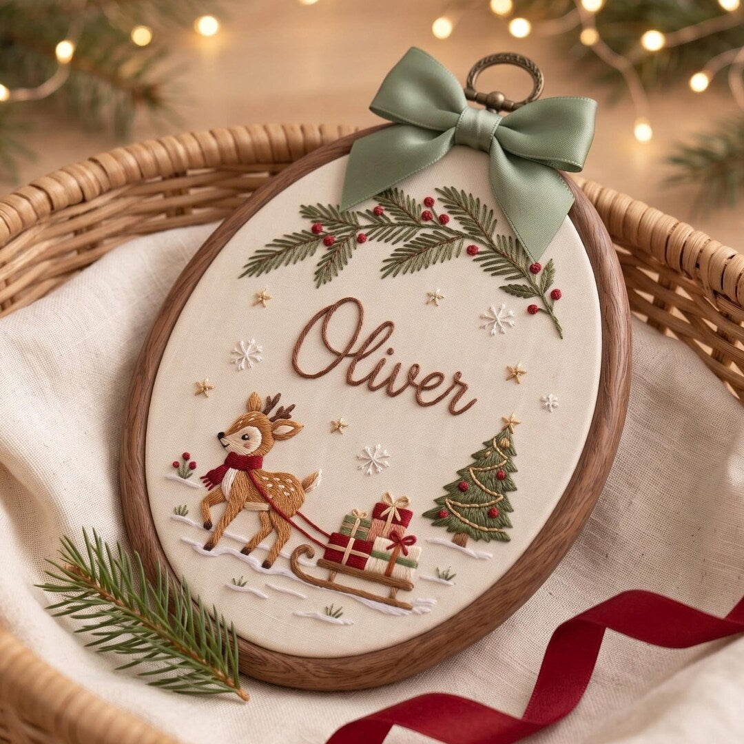 Personalized Reindeer Sled Christmas Tree Holly Embroidered Ornament — Christmas ornament