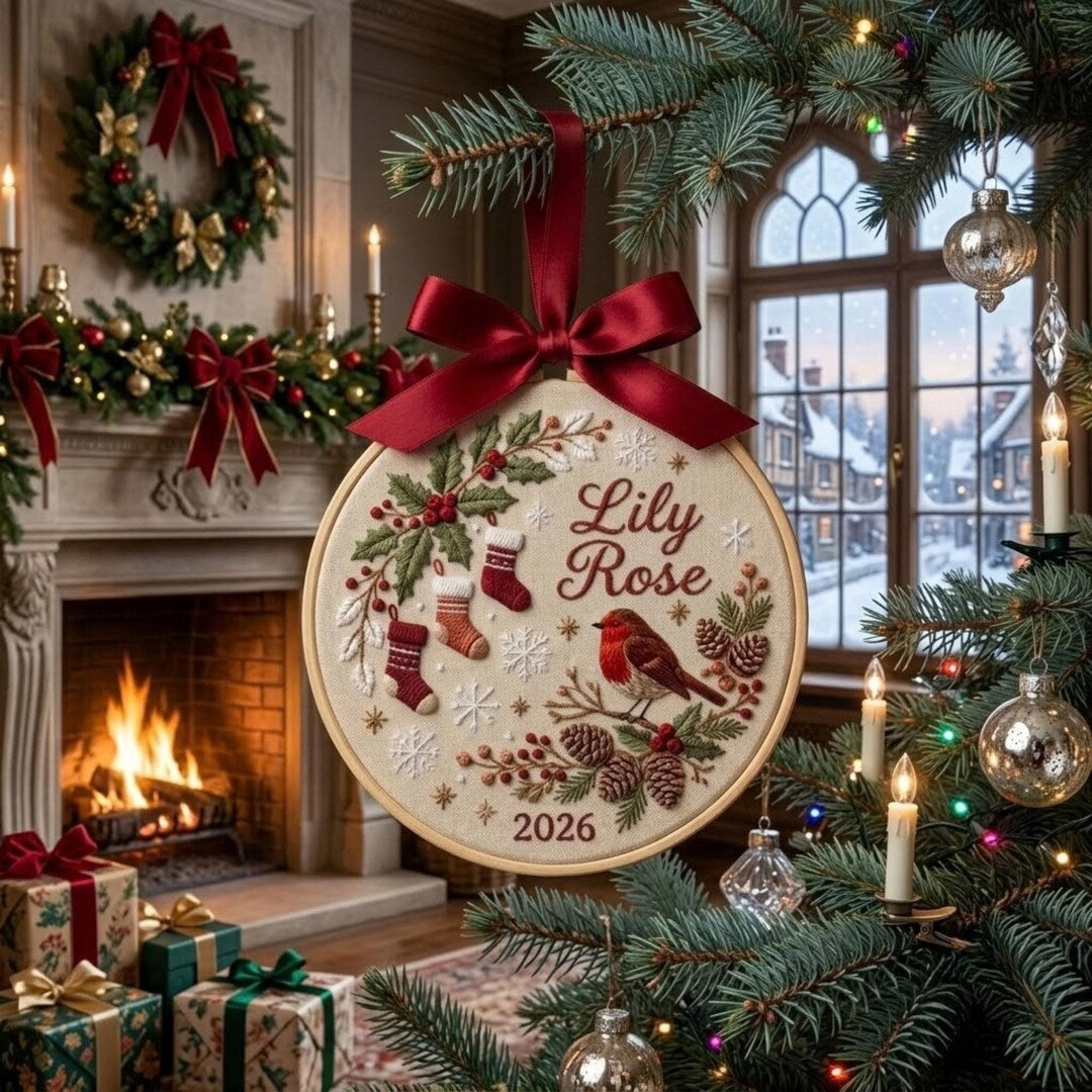 Personalized Robin Bird Holly Berries Pine Cones Christmas Stockings Snowflakes Embroidered Ornament — Christmas ornament