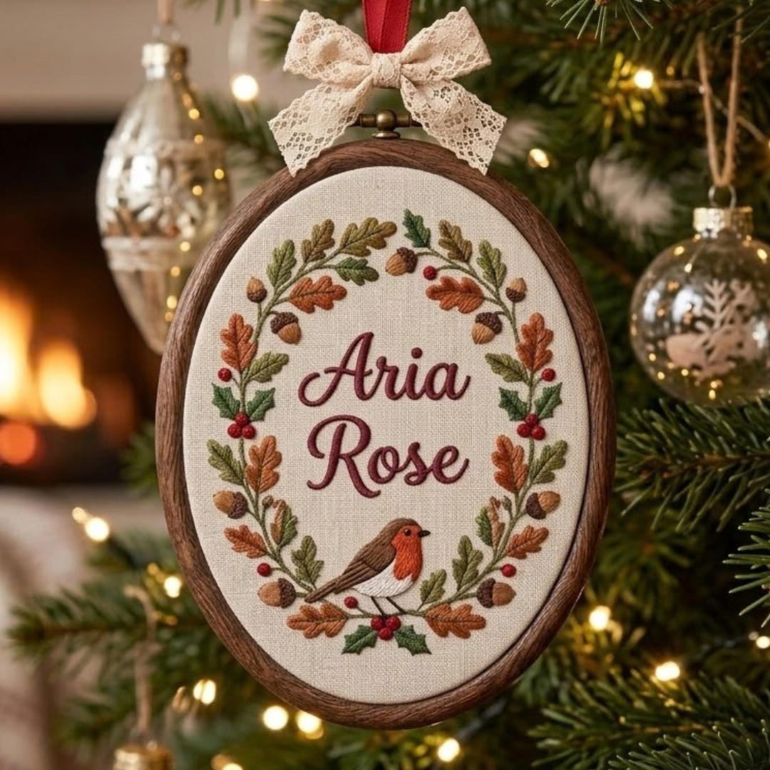 Personalized Robin Bird Oak Wreath Acorn Holly Christmas Embroidered Ornament — Christmas ornament