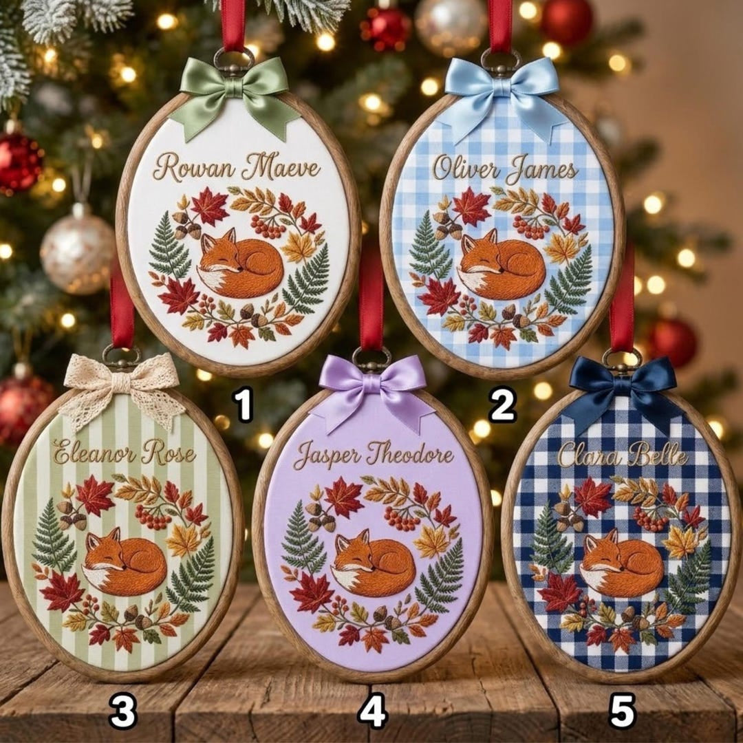 Personalized Sleeping Fox Autumn Wreath Maple Leaves Custom Name Embroidered Ornament — Christmas ornament