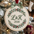 Personalized Couple Initials Year Christmas Wreath Holly Berries Embroidered Ornament — Christmas ornament