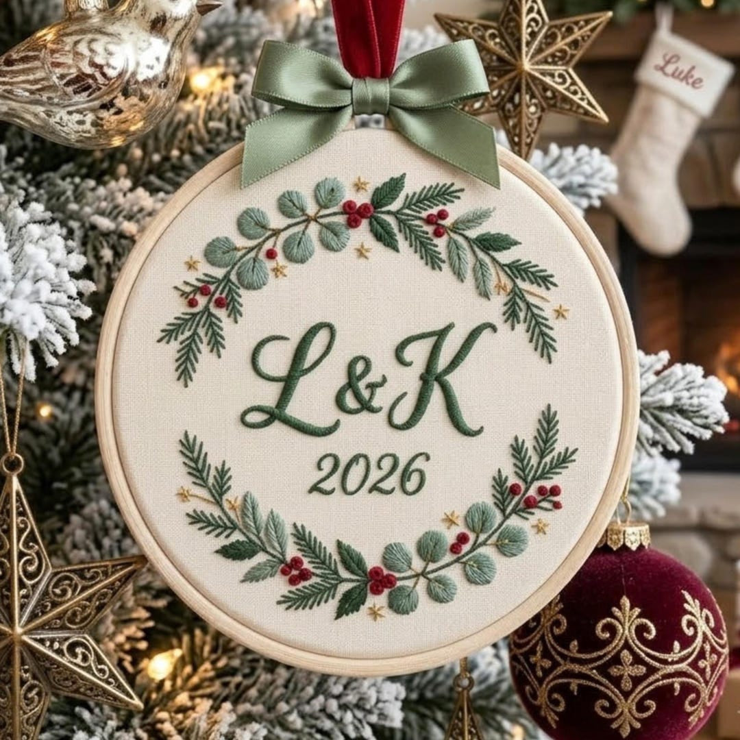 Personalized Couple Initials Year Christmas Wreath Holly Berries Embroidered Ornament — Christmas ornament
