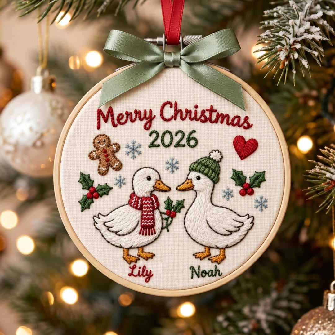 Personalized Duck Couple Christmas 2026 Merry Christmas Names Embroidered Ornament — Christmas ornament