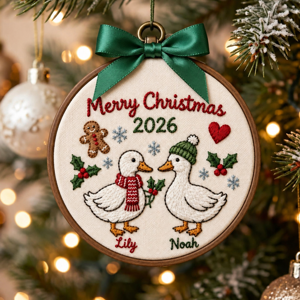 Personalized Duck Couple Christmas 2026 Merry Christmas Names Embroidered Ornament