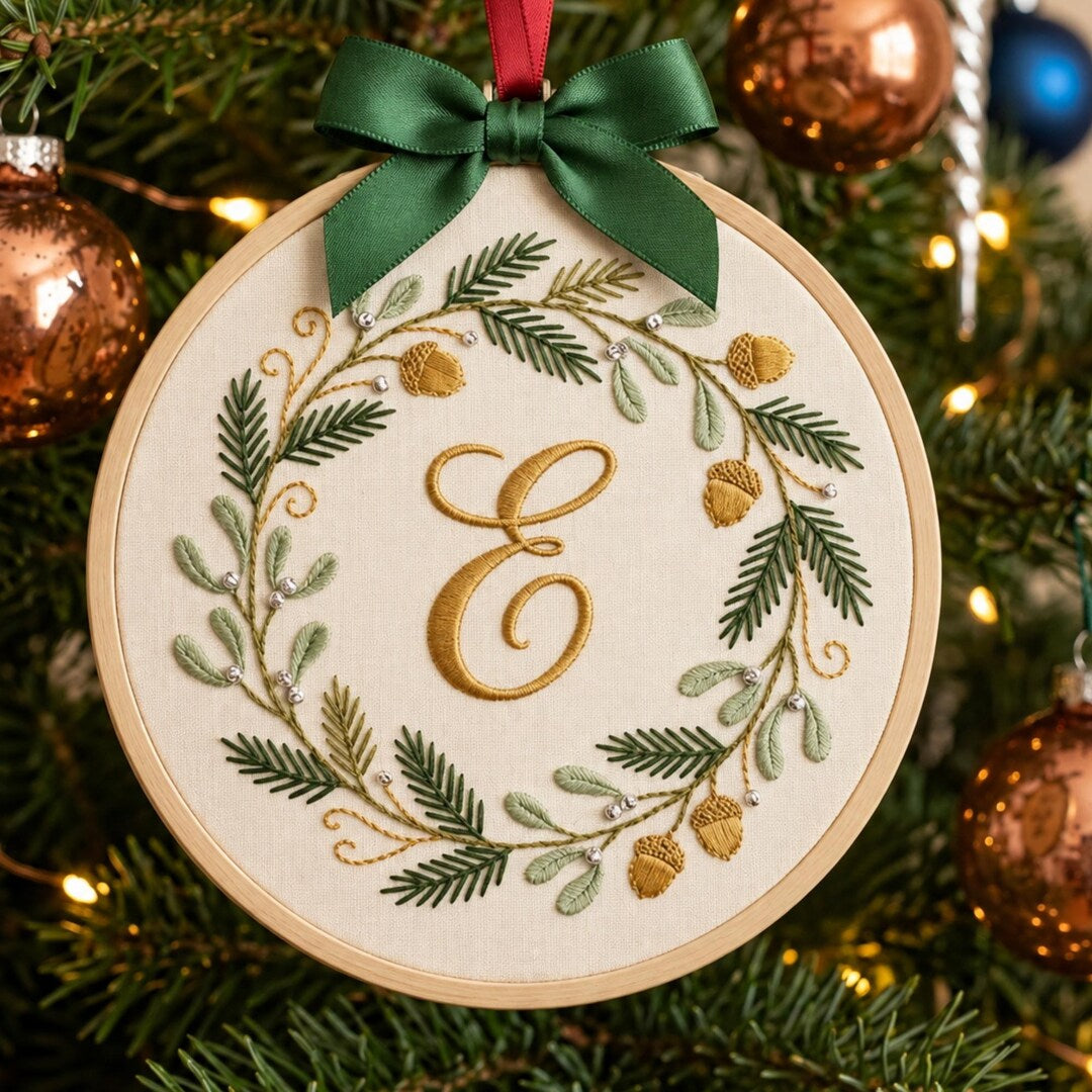 Personalized Monogram Initial Letter Woodland Wreath Acorn Pine Branch Christmas Embroidered Ornament — Christmas ornament