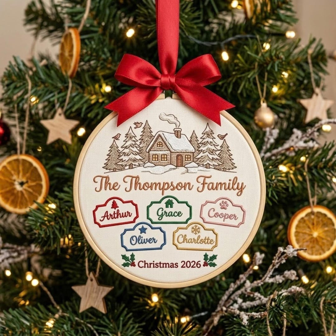 Personalized Family Christmas Cabin Snow Scene Custom Names Tags Embroidered Ornament — Christmas ornament