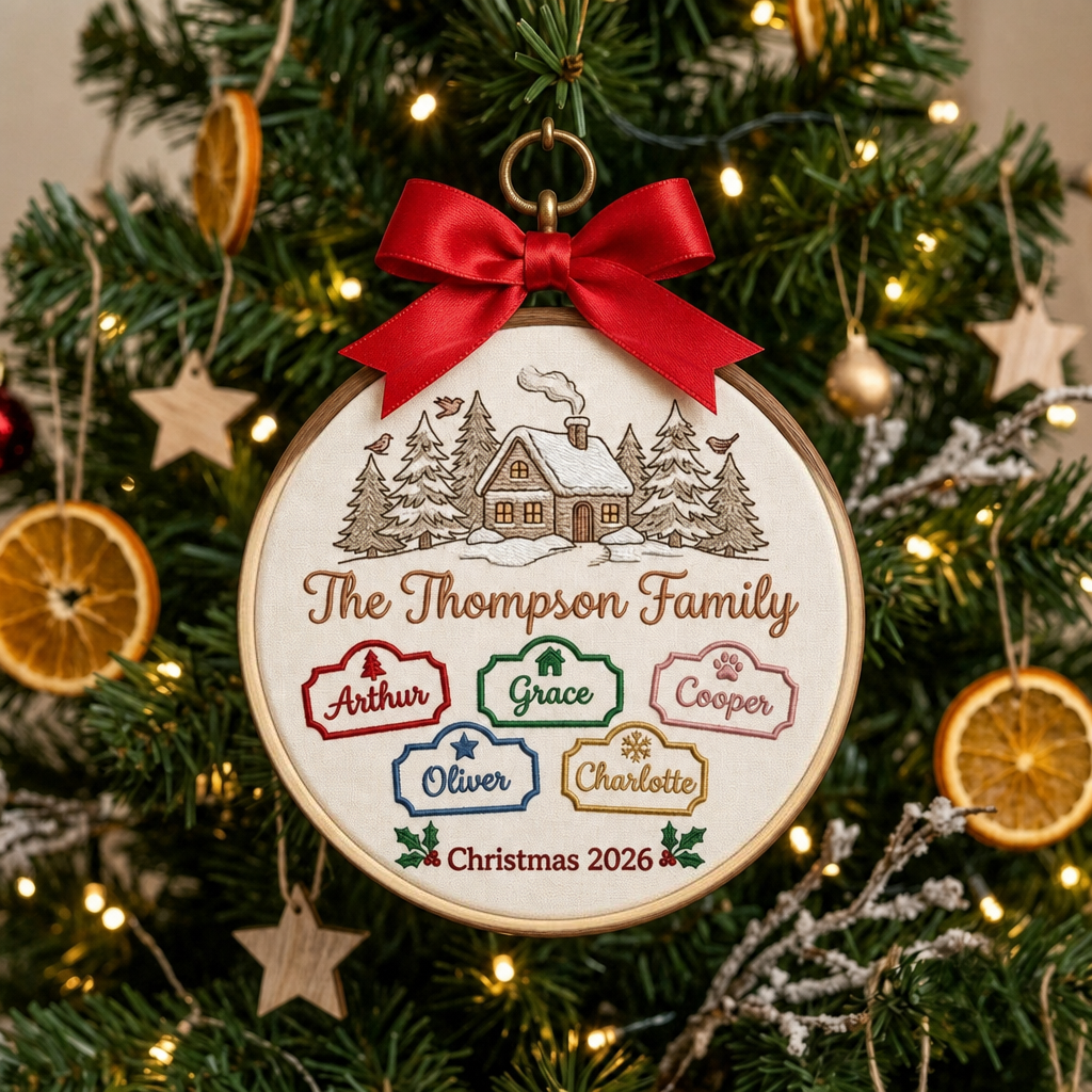 Personalized Family Christmas Cabin Snow Scene Custom Names Tags Embroidered Ornament