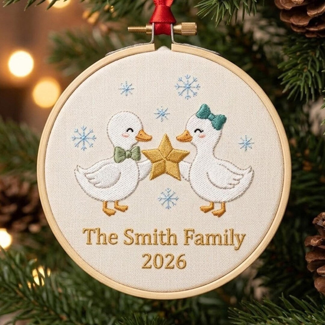 Personalized Duck Couple Star Snowflakes Family Name Year Christmas Embroidered Ornament — Christmas ornament