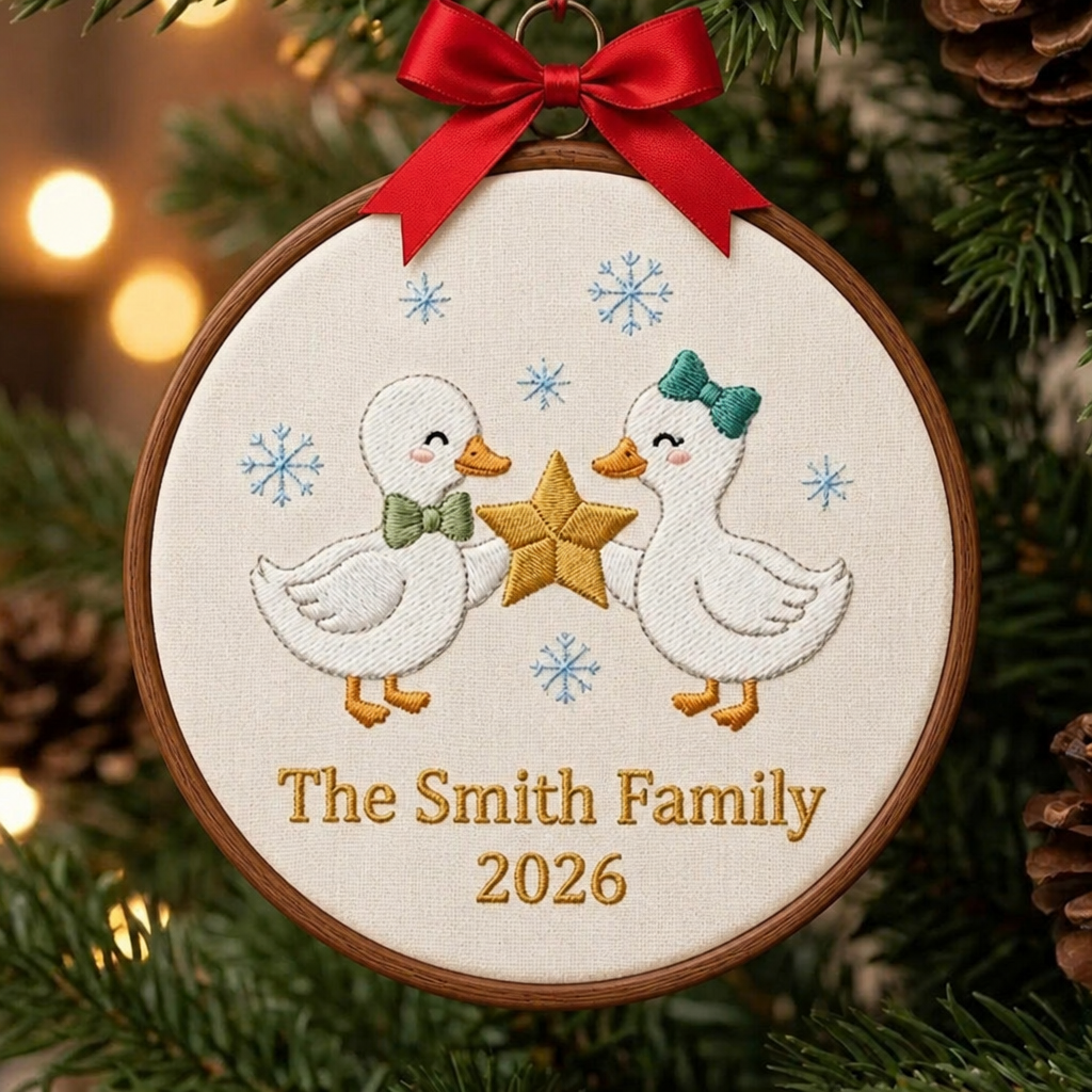 Personalized Duck Couple Star Snowflakes Family Name Year Christmas Embroidered Ornament