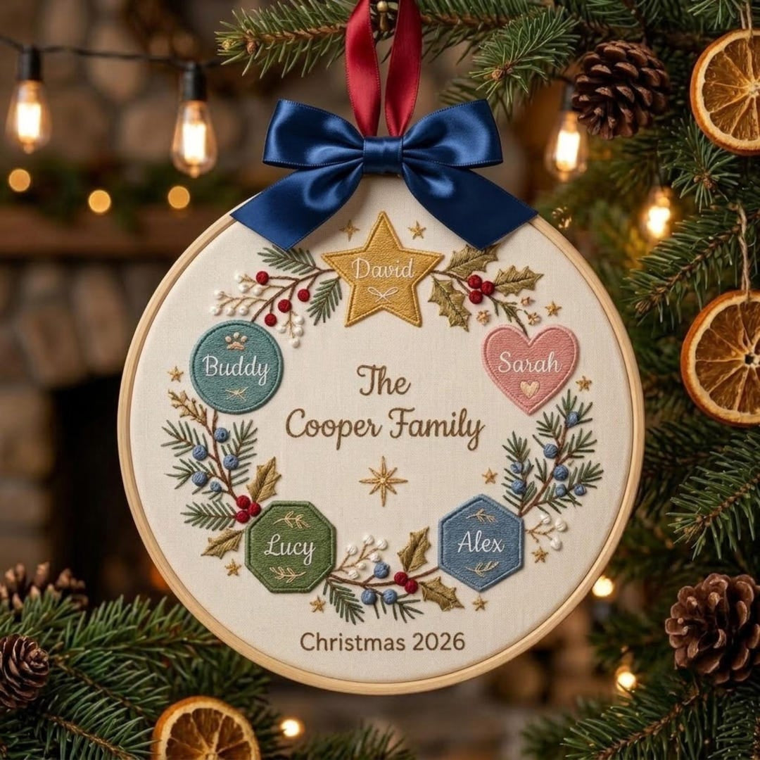 Personalized Family Christmas Wreath Holly Star Heart Shape Name Embroidered Ornament — Christmas ornament