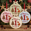 Personalized Baby First Christmas Fox Woodland Gingham Embroidered Ornament — Christmas ornament