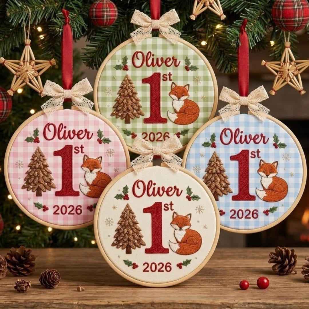 Personalized Baby First Christmas Fox Woodland Gingham Embroidered Ornament — Christmas ornament