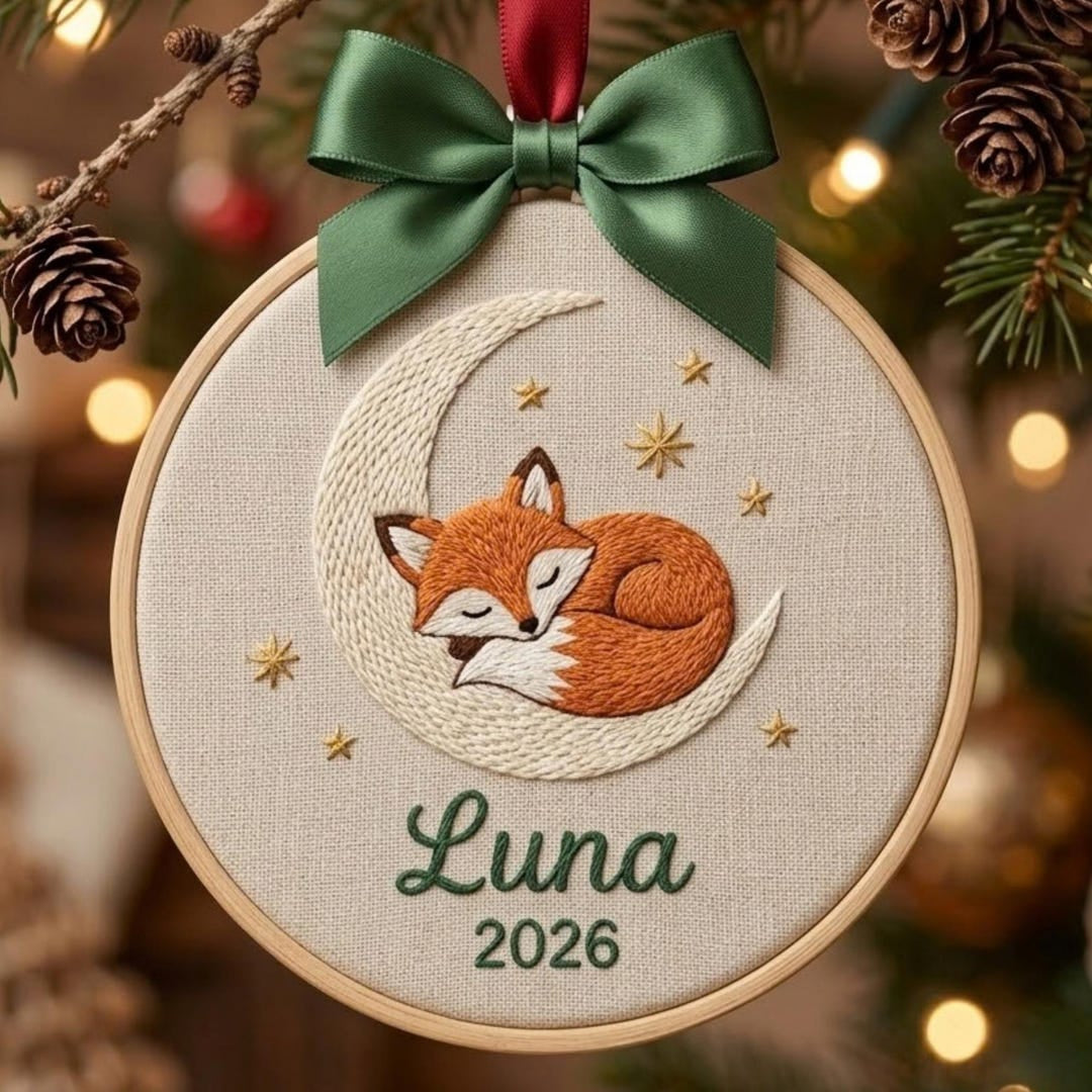 Personalized Sleeping Fox Moon Stars Custom Name Year Christmas Embroidered Ornament — Christmas ornament