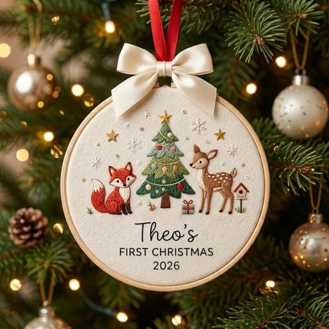 Personalized Baby First Christmas Fox Deer Woodland Tree Custom Name Year Embroidered Ornament — Christmas ornament