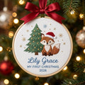 Personalized Baby First Christmas Fox Santa Hat Tree Snowflakes Custom Name Year Embroidered Ornament — Christmas ornament
