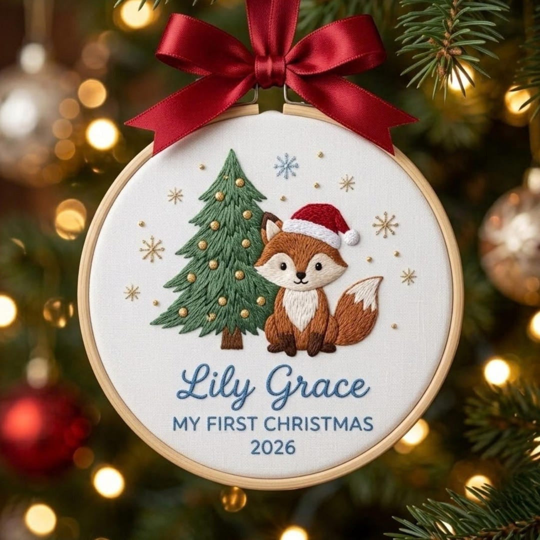 Personalized Baby First Christmas Fox Santa Hat Tree Snowflakes Custom Name Year Embroidered Ornament — Christmas ornament