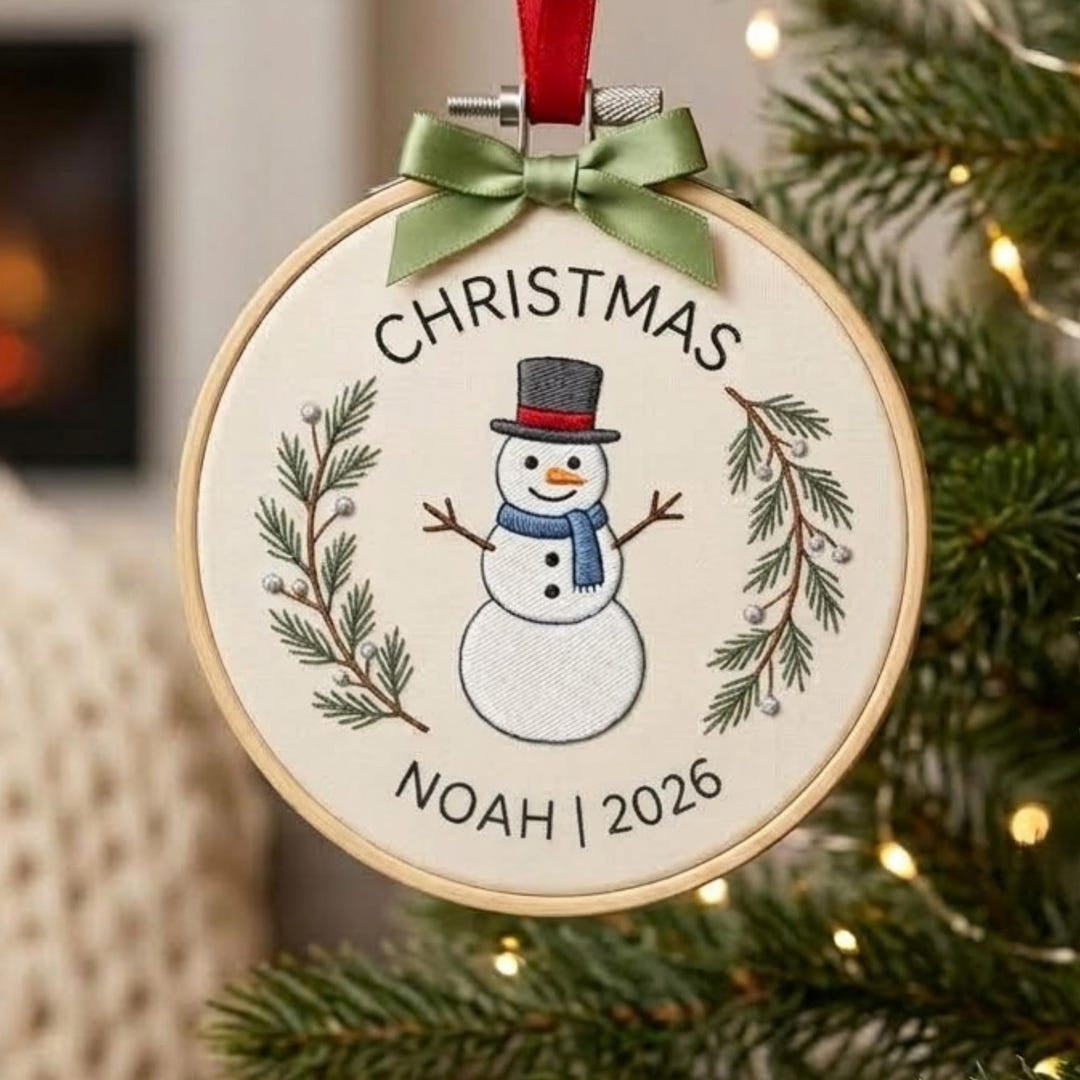 Personalized Christmas Snowman Pine Branch Name Year Embroidered Ornament — Christmas ornament