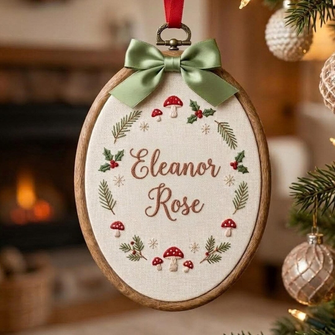 Personalized Mushroom Holly Christmas Wreath Name Embroidered Ornament — Christmas ornament